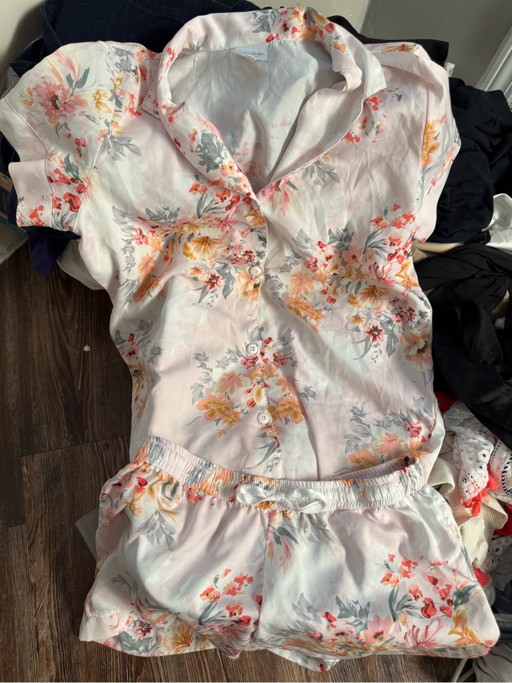 Floral Satin Pajama Set - Pink, Peach & Gray